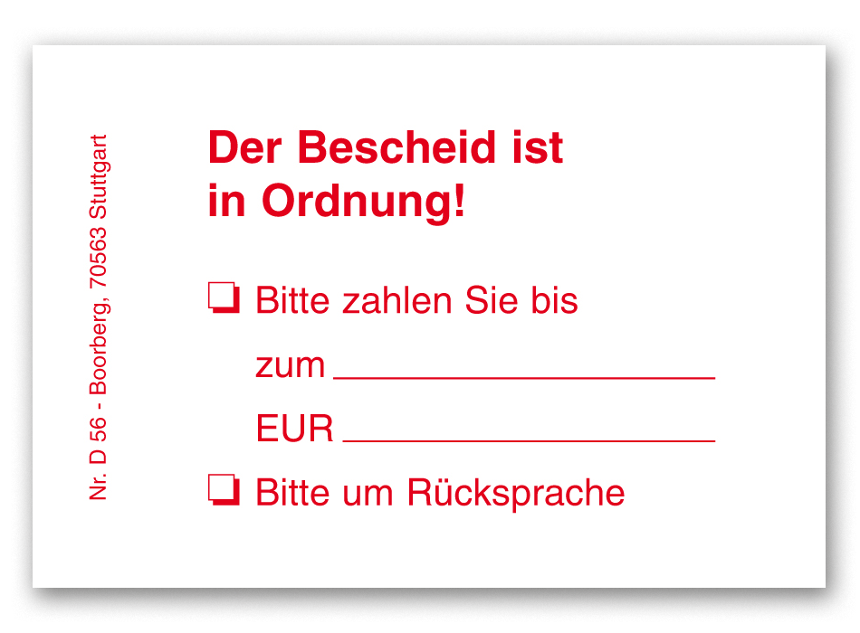 Produktabbildung weiße Haftnotiz mit Text Der Bescheid ist in Ordnung und Text zum Ankreuzen