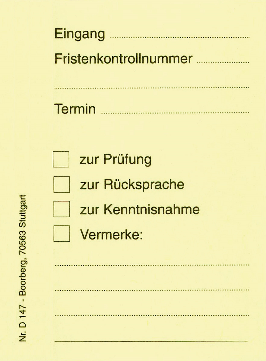 Produktabbildung gelbe Haftnotiz mit Textfeldern Eingang/Fristenkontrollnummer/Termin