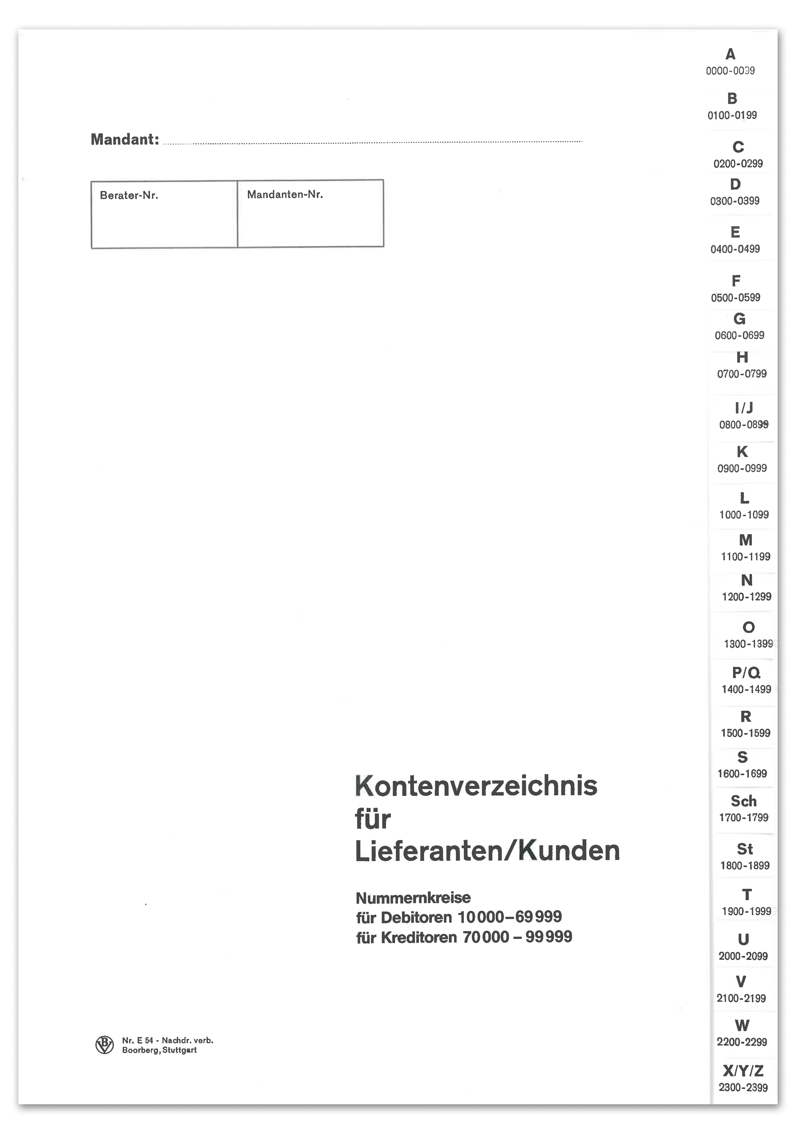 Produktabbildung des Vordrucks zum Kontenverzeichnis für DATEV-Debitoren bzw. -Kreditoren E 54