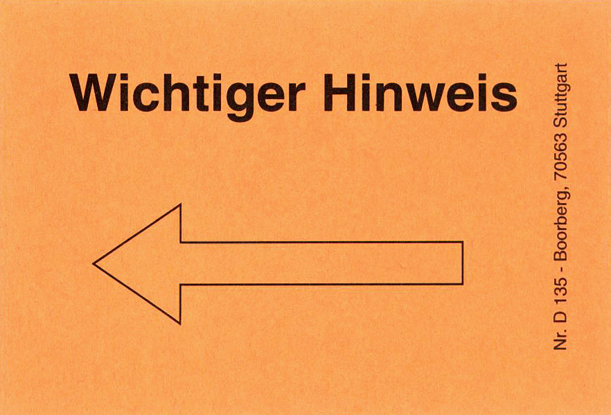 Produktabbildung Haftnotiz orangefarben mit Text Wichtiger Hinweis und Pfeil nach links