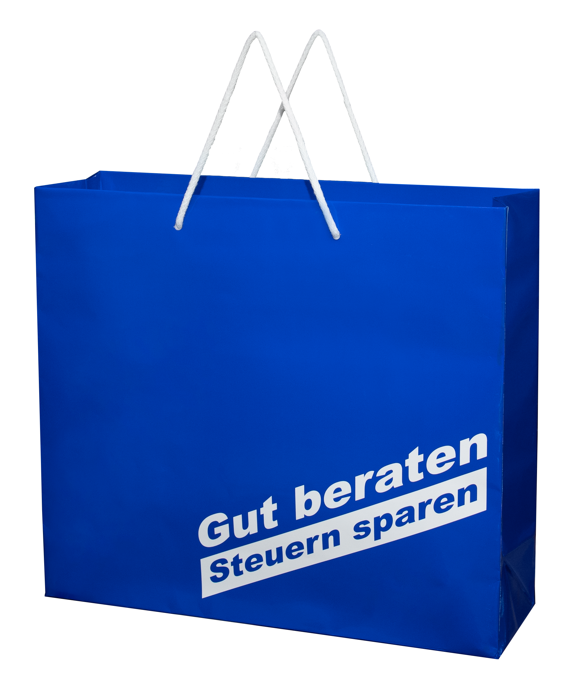 Produktabbildung der blauen Papier-Tragetasche mit Aufdruck Gut beraten Steuern sparen OM 69