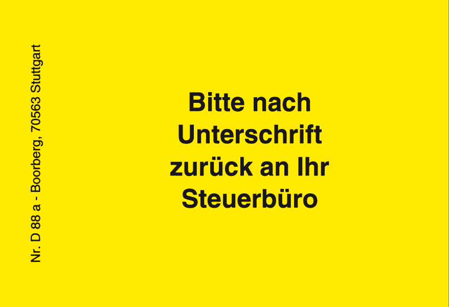 Produktabbildung gelbe Haftnotiz mit Text Bitte nach Unterschrift zurück an Ihr Steuerbüro