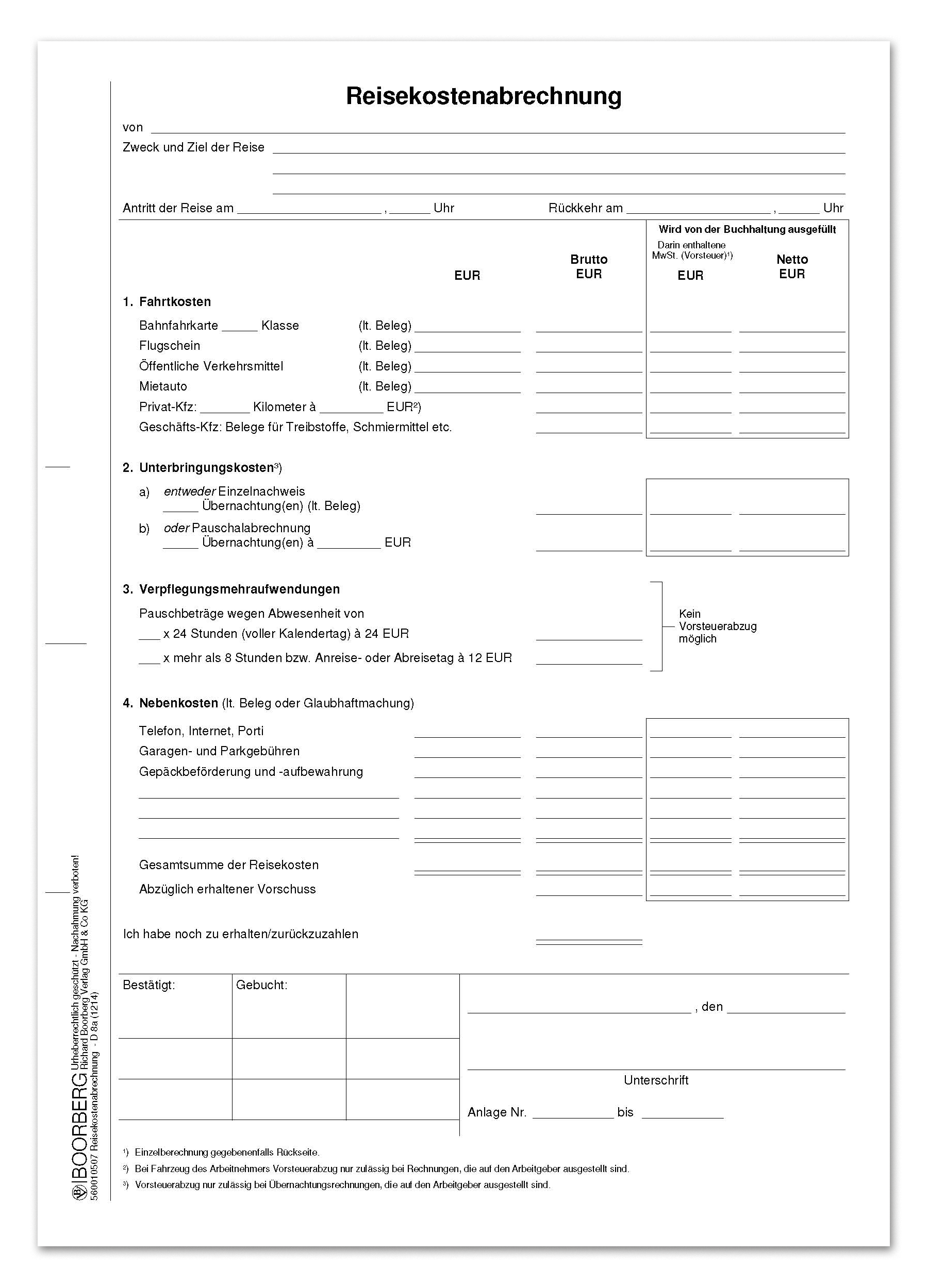 Produktabbildung des Formulars Reisekostenabrechnung D 8a