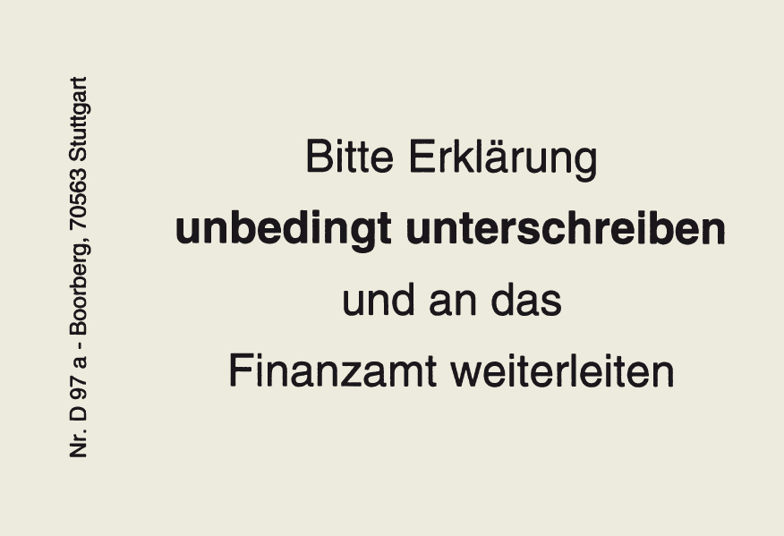 GrProduktabbildung graue Haftnotiz mit Text Bitte Erklärung unbedingt unterschreiben und an das Finanzamt weiterleiten