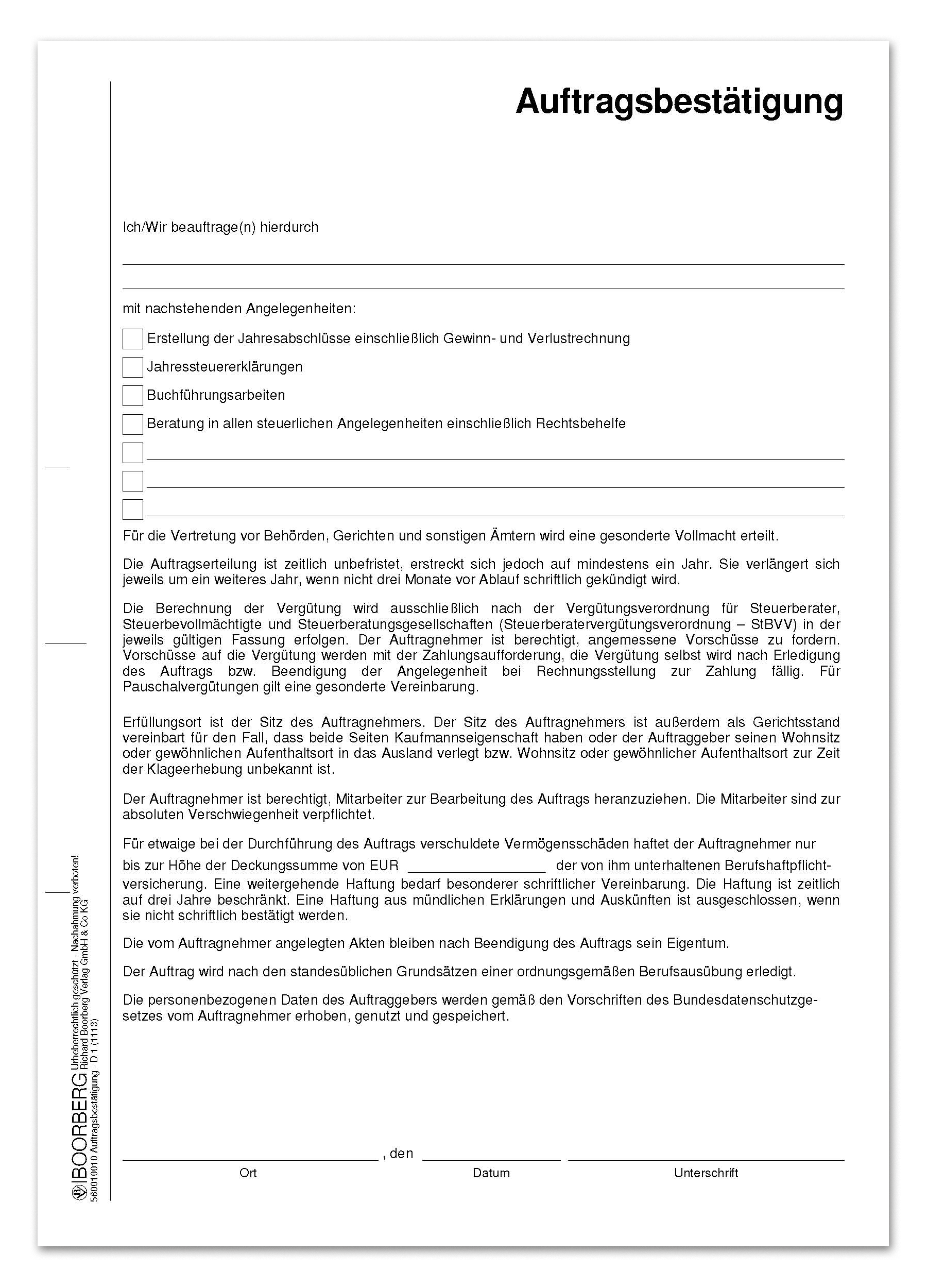 Produktabbildung des Formulars Auftragsbestätigung der Mandanten D 1