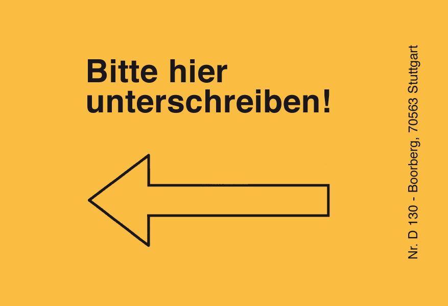 Produktabbildung orangefarbene Haftnotiz mit Text Bitte hier unterschreiben und Pfeil nach links