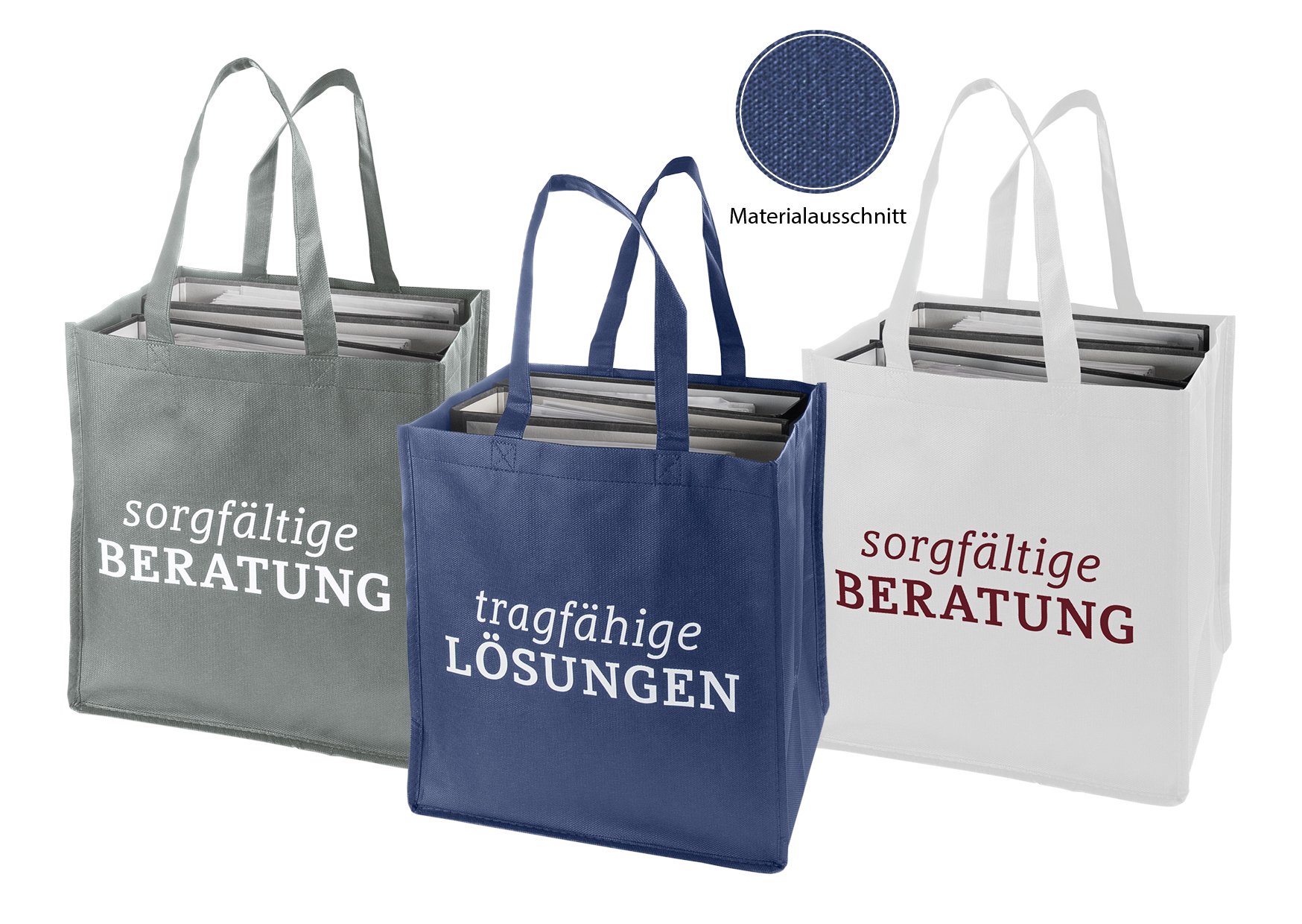 Produktabbildung der Tragetaschen in grau, blau und weiß mit Aufschrift sorgfältige Beratung und tragfähige Lösungen