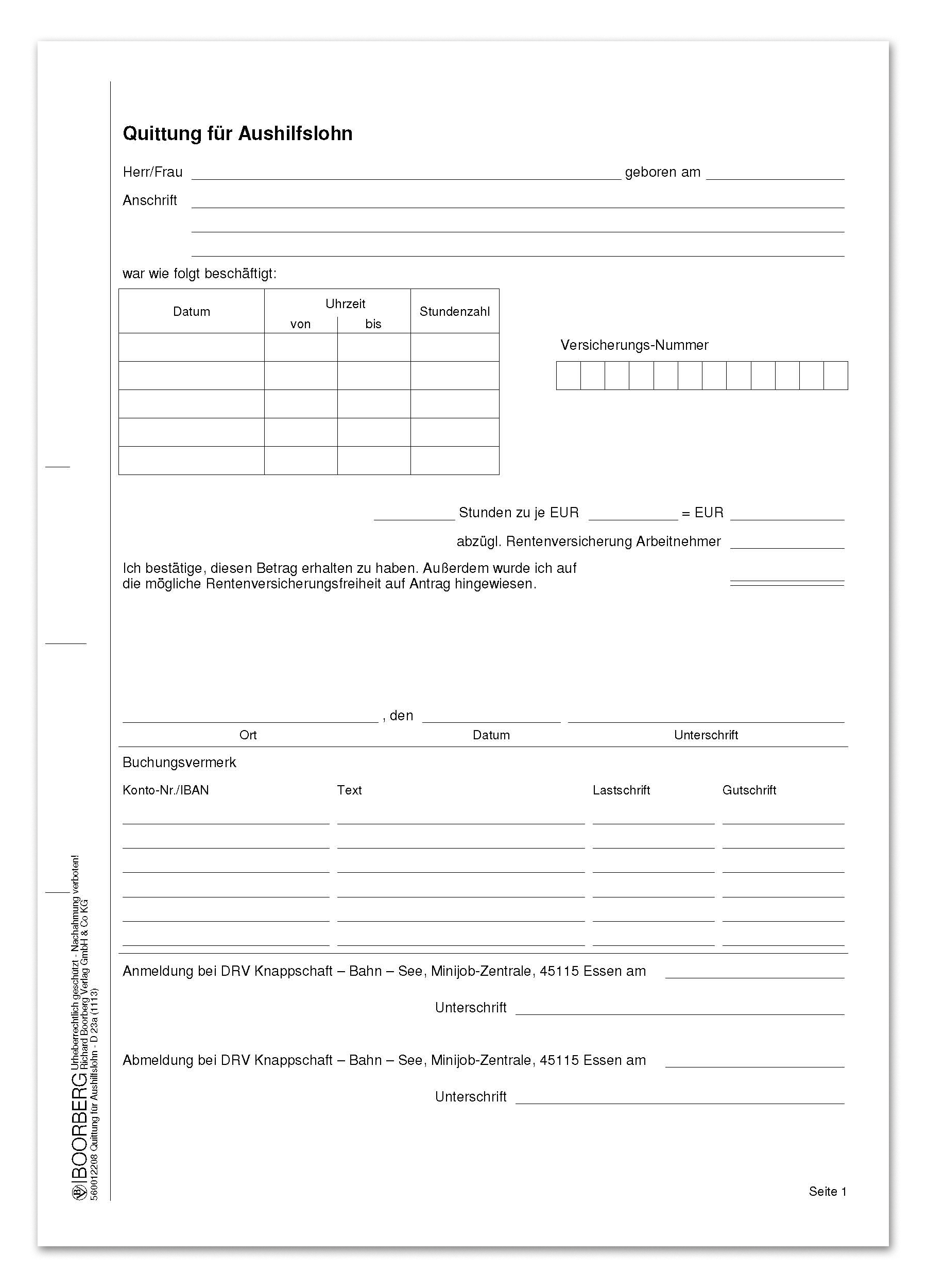 Produktabbildung Vordruck Quittung Aushilfskräfte D 23a