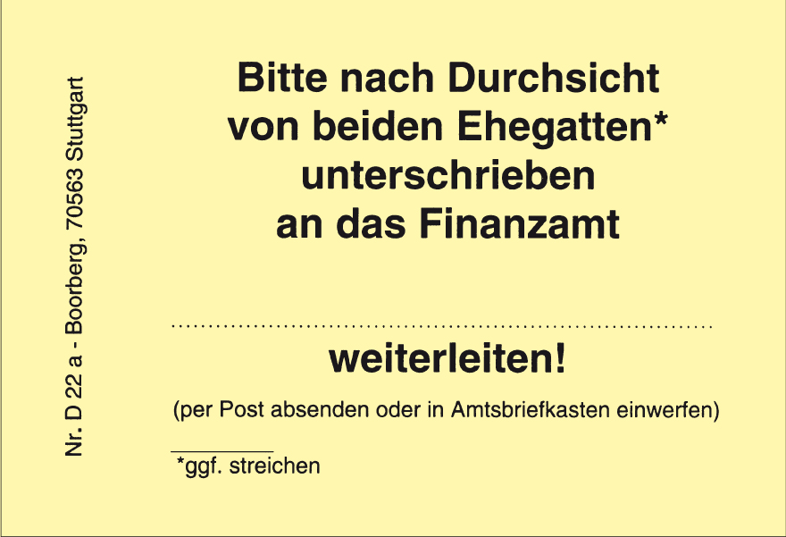 Produktabbildung gelbe Haftnotiz mit Text Bitte nach Durchsicht von beiden Ehegatten unterschrieben an das Finanzamt…hegatten unterschrieben an das Finanzamt…