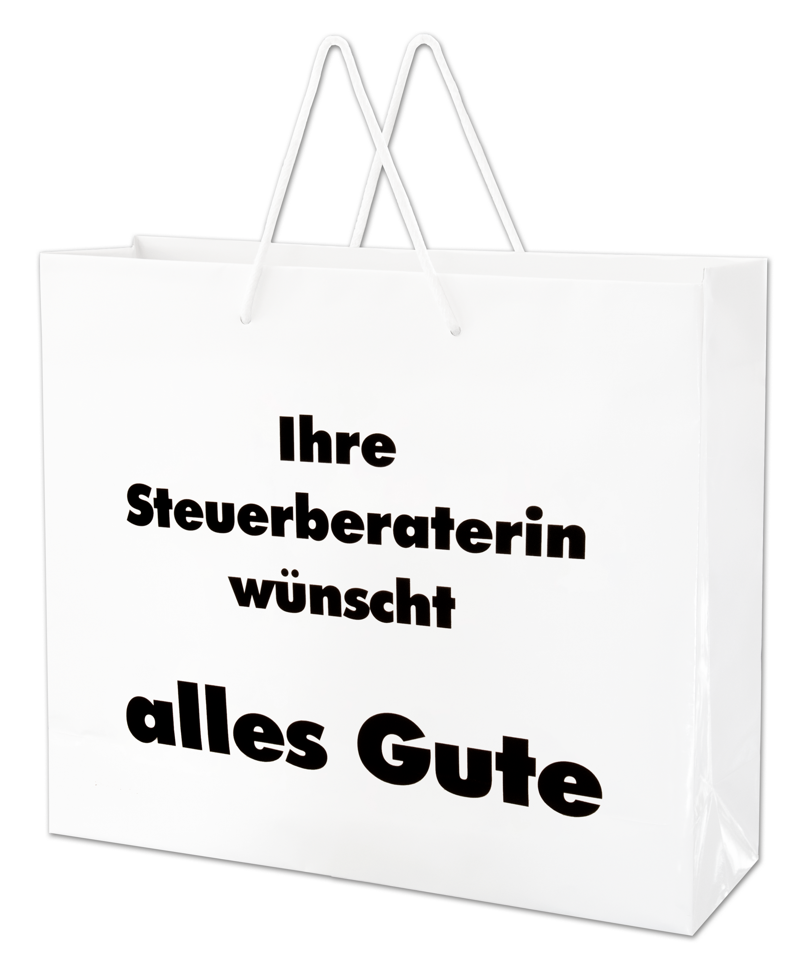 Produktabbildung der Vorderseite der Papier-Tragetasche mit Aufdruck Ihre Steuerberaterin wünscht alles Gute OM 54