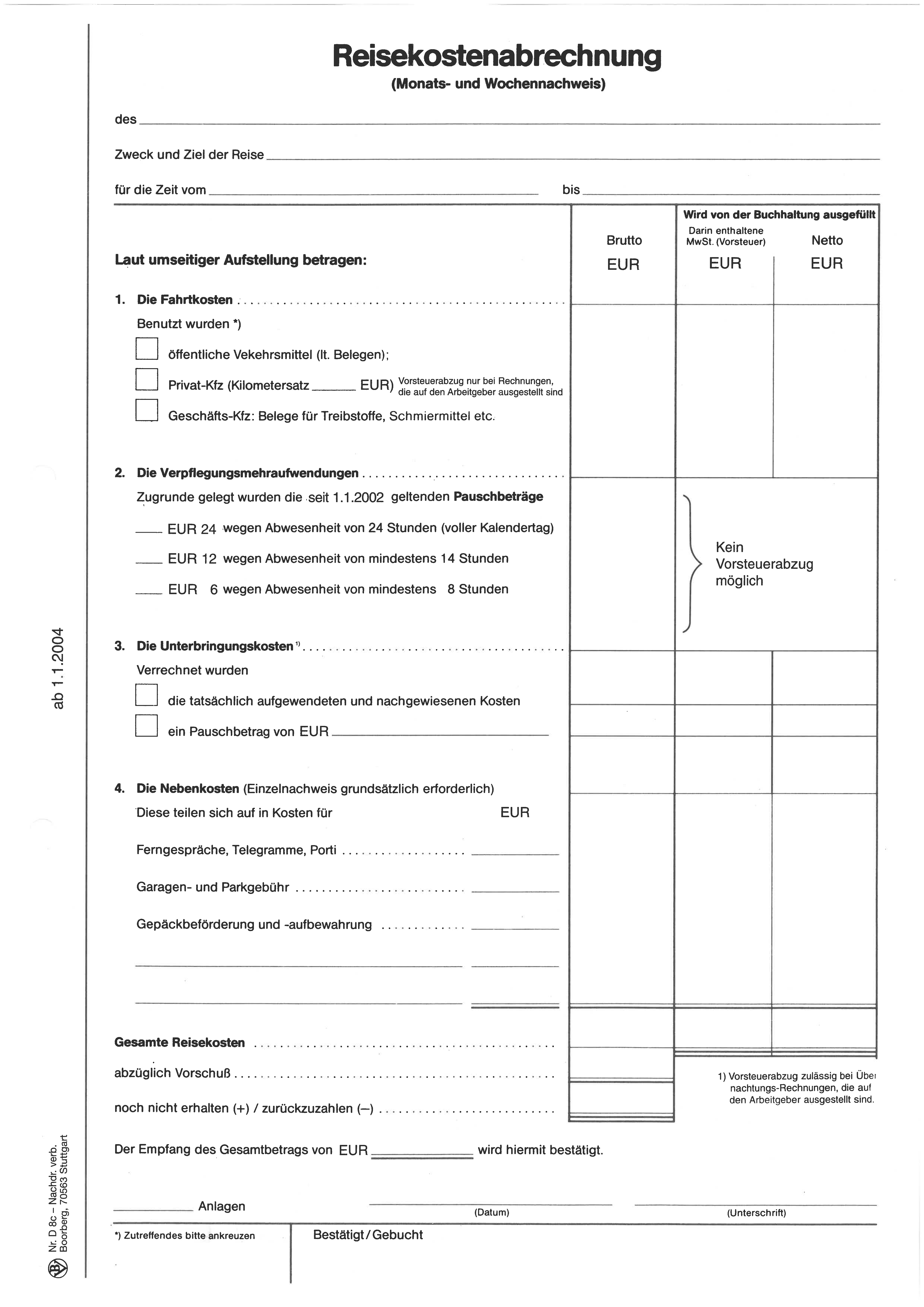 Produktabbildung des Formulars zur Reisekostenabrechnung in DIN A4 D 8 c