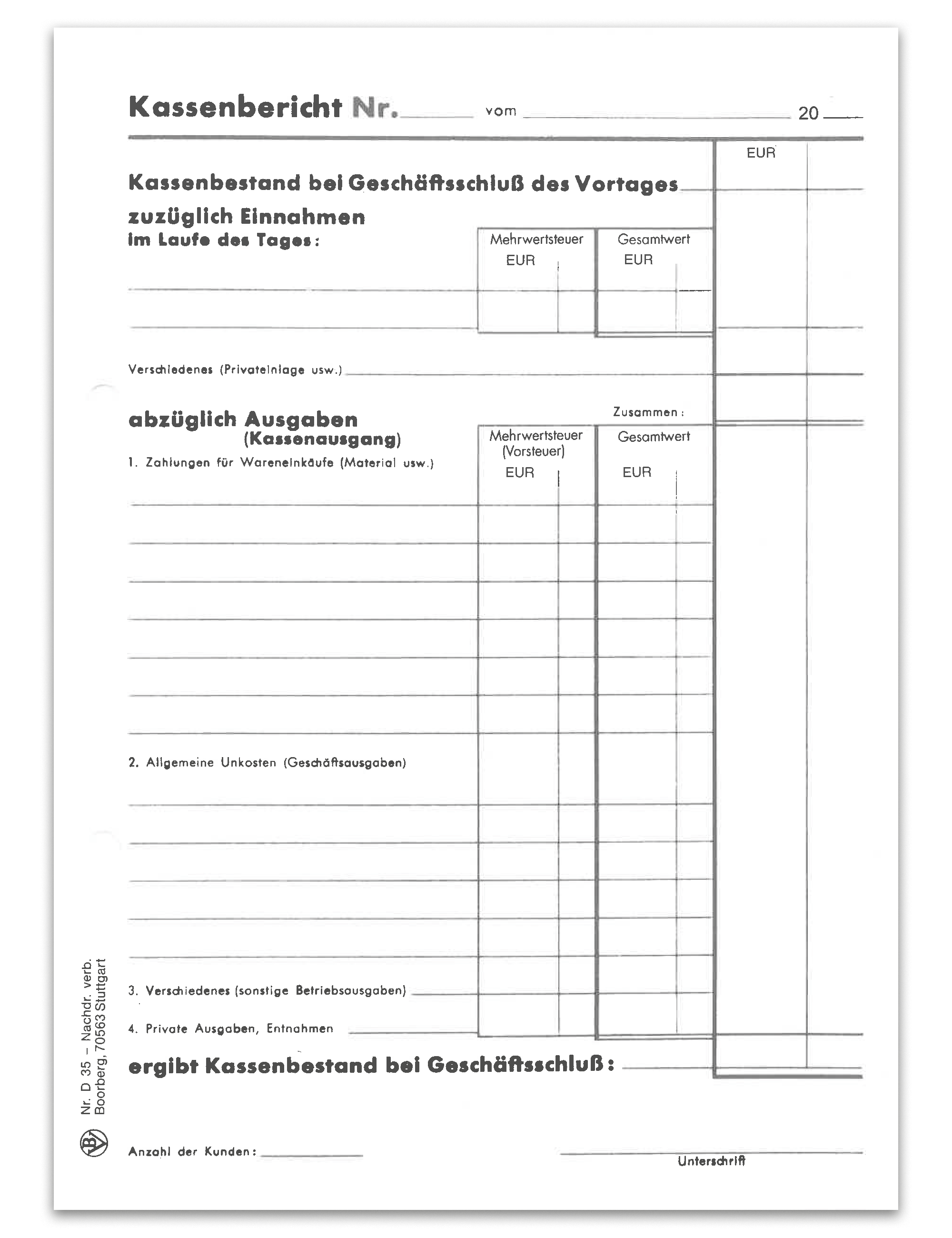 Produktabbildung des Vordruck Kassenberichts mit Unterteilung D 35