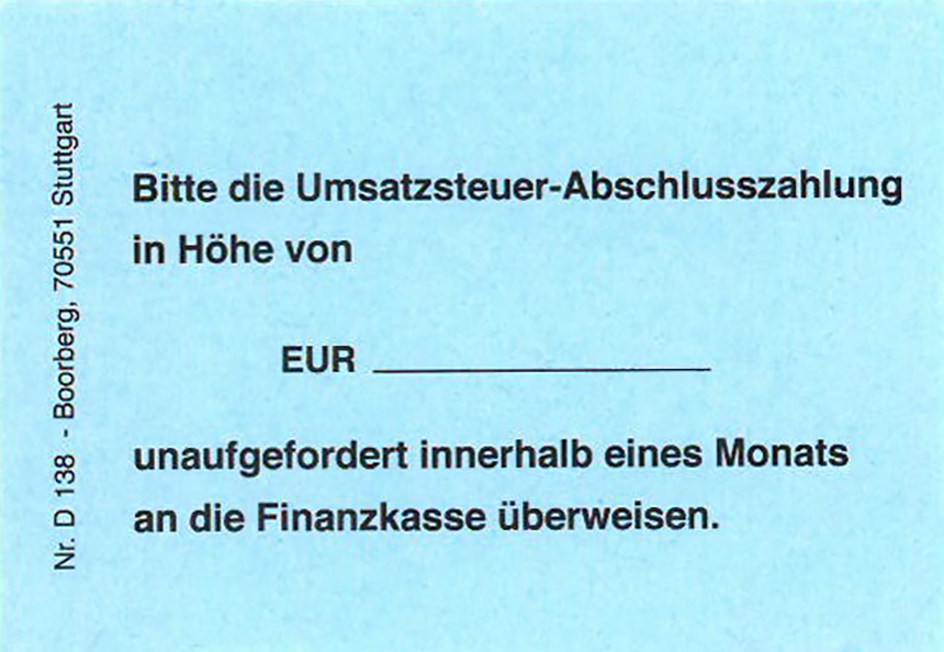Produktabbildung blaue Haftnotiz mit Text Bitte die Umsatzsteuer-Abschlusszahlung in Höhe von…