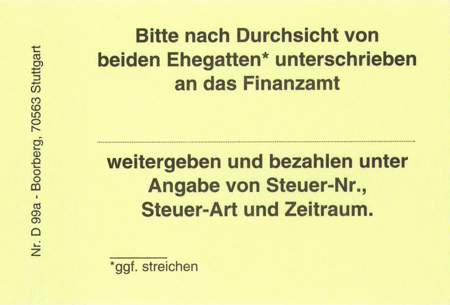 Produktabbildung gelbe Haftnotiz mit Text Bitte nach Durchsicht von beiden Ehegatten unterschrieben…