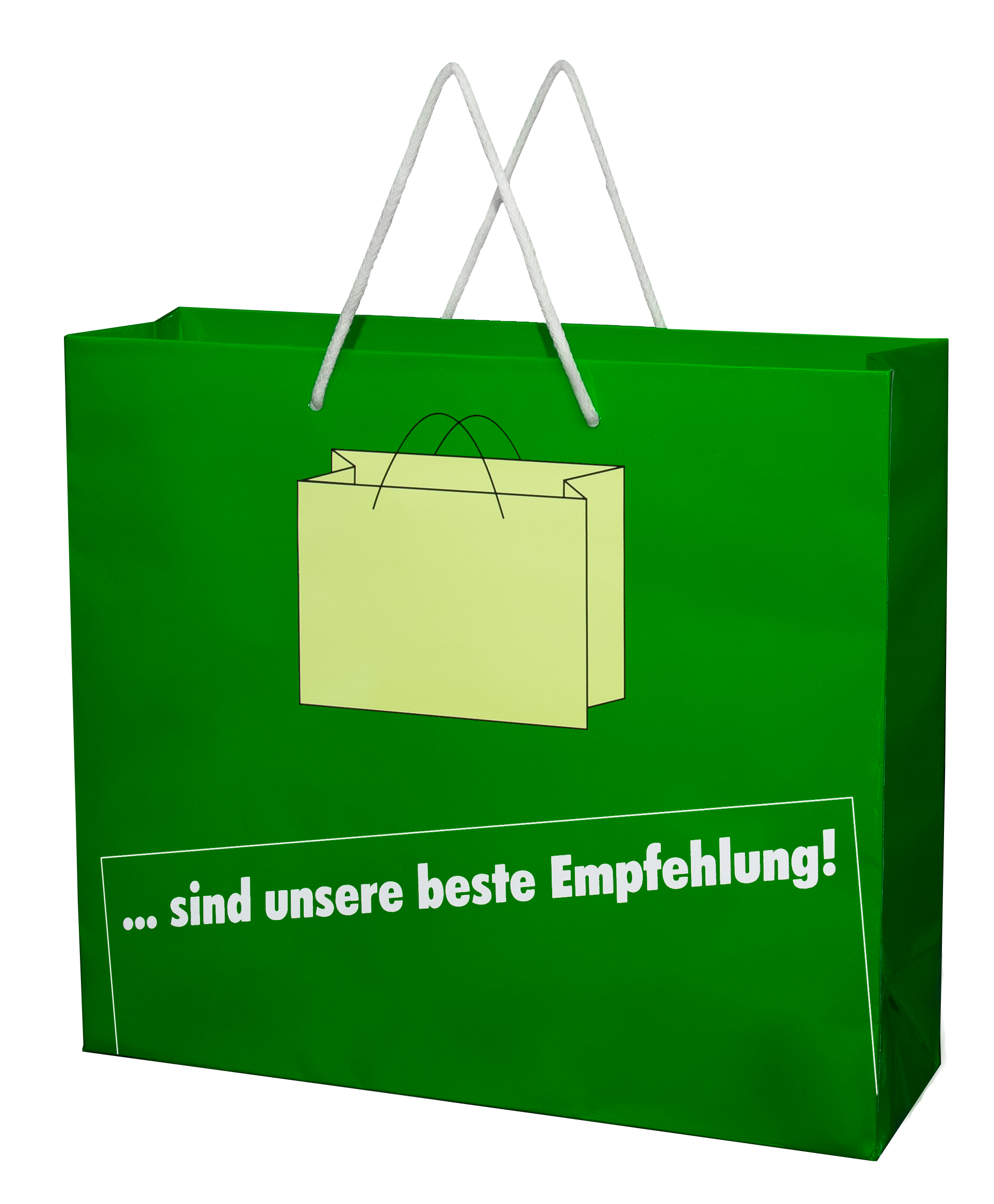 Produktabbildung der grünen Papier-Tragetasche mit Aufdruck Vorderseite OM 70