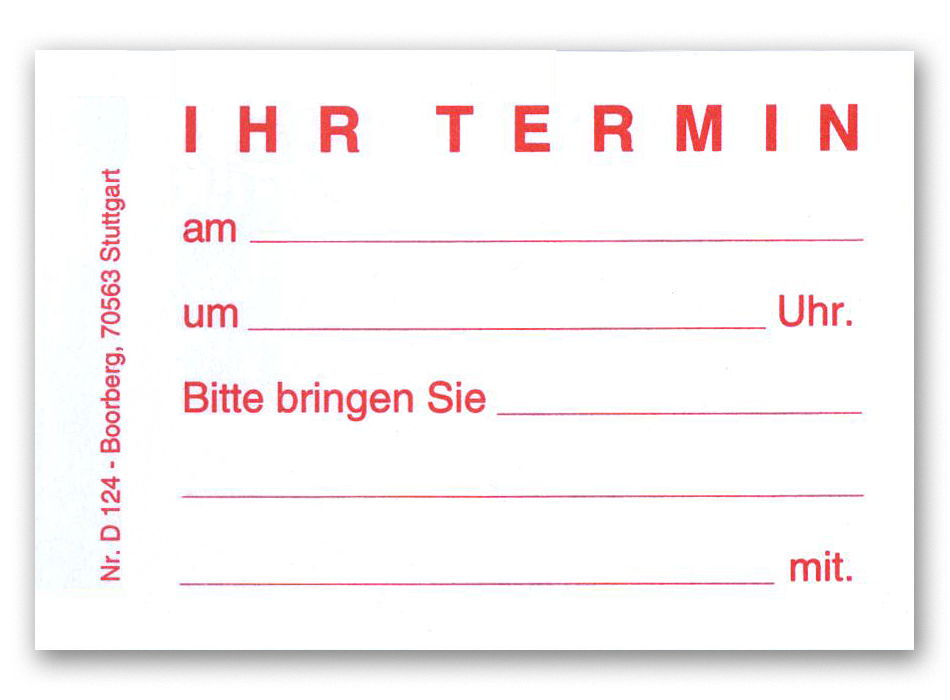 Produktabbildung weiße Haftnotiz mit Text Ihr Termin und Datumsfeldern
