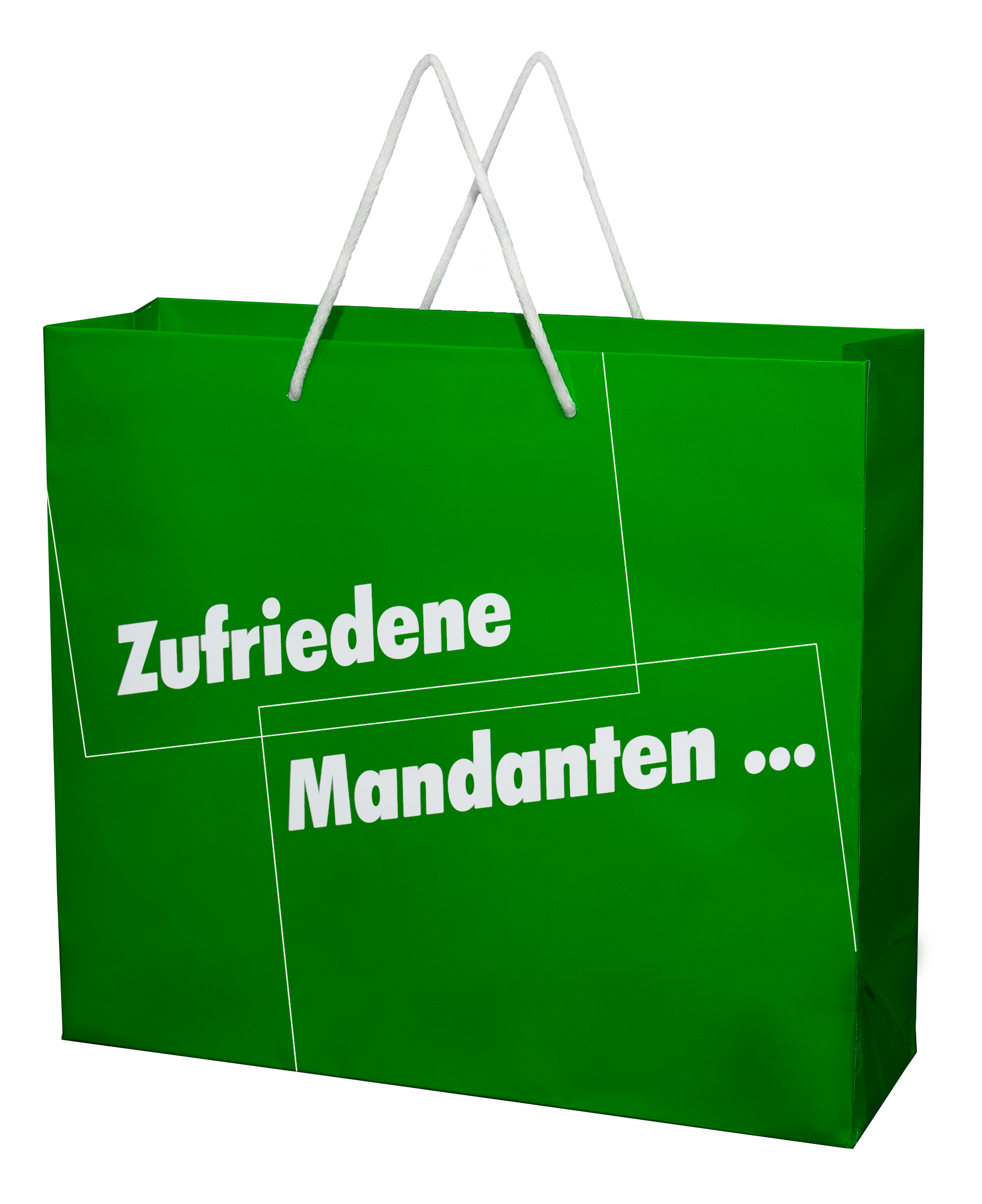 Produktabbildung der grünen Papier-Tragetasche mit Aufdruck Rückseite OM 70