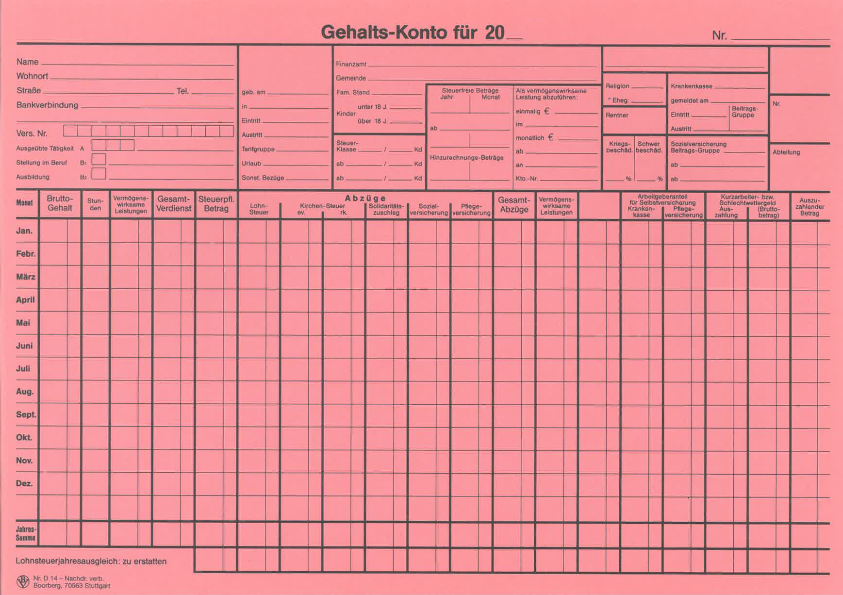Produktabbildung des Vordrucks zum Gehalts-Konto auf rosafarbenem Karton D 14
