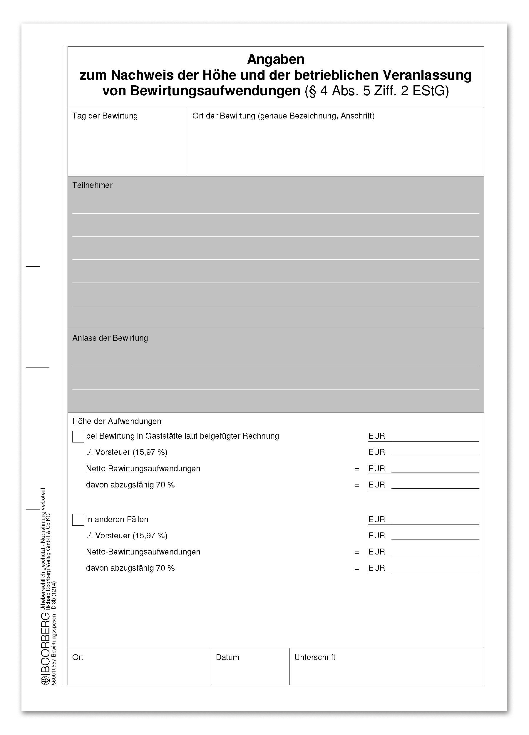 Produktabbildung des Formulars Bewirtungsspesen-Nachweis D 8b