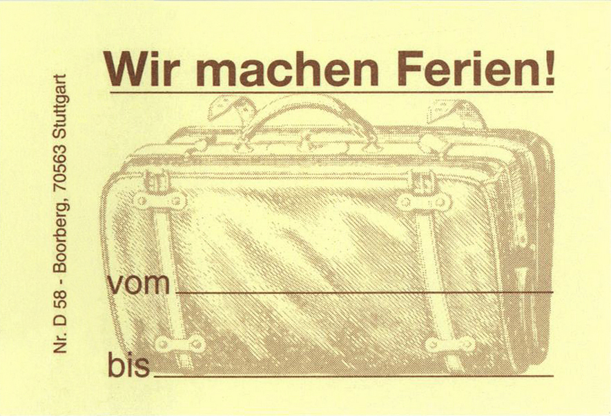 Produktabbildung gelbe Haftnotiz mit Abbildung Koffer und Text Wir machen Ferien