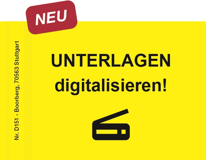 Produktabbildung gelbe Haftnotiz mit Text Unterlagen digitalisieren und Pictogramm Scanner