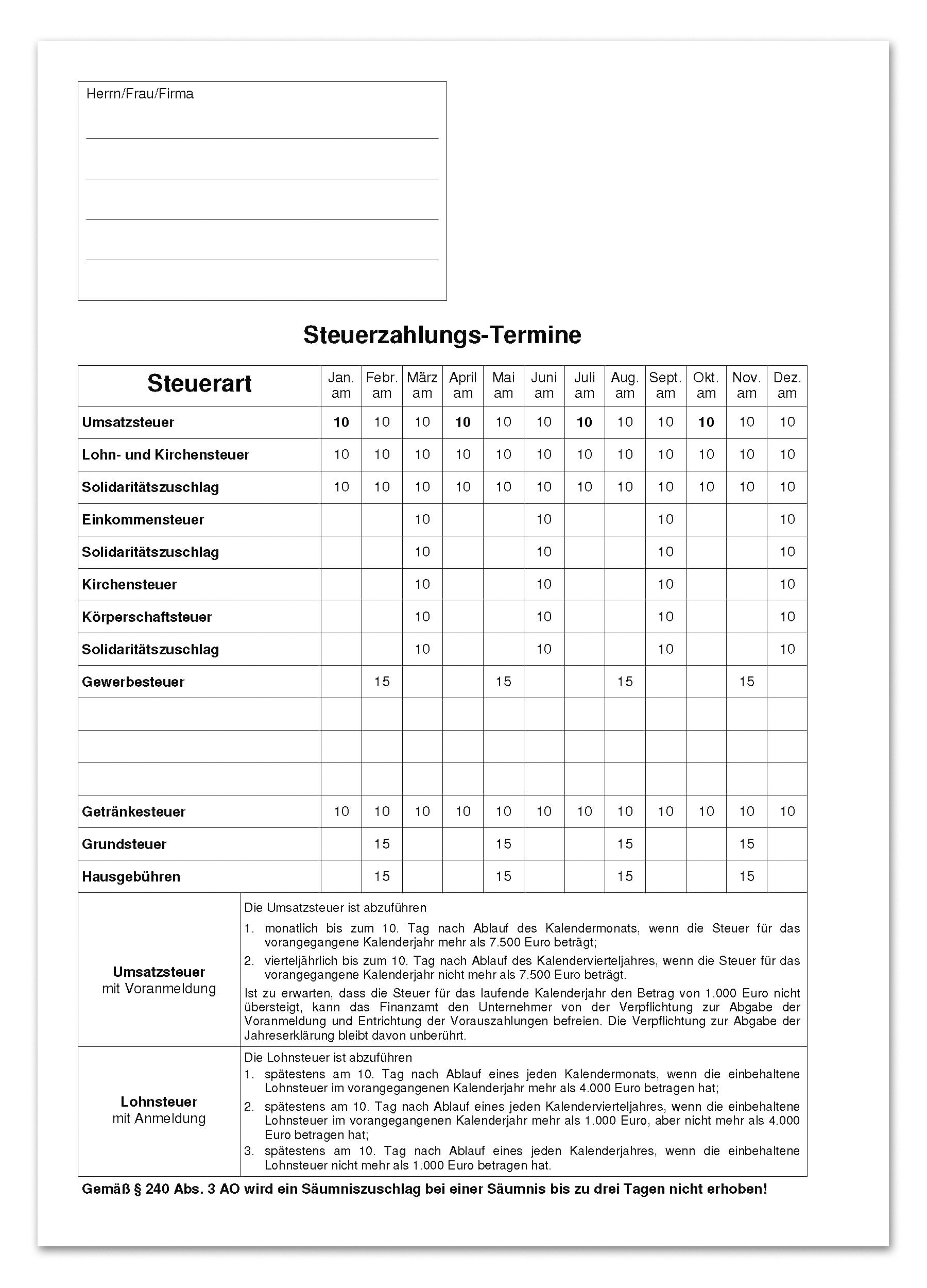 Produktabbildung des Formulars Steuerzahlungs-Benachrichtigung mit Steuerterminen D 16