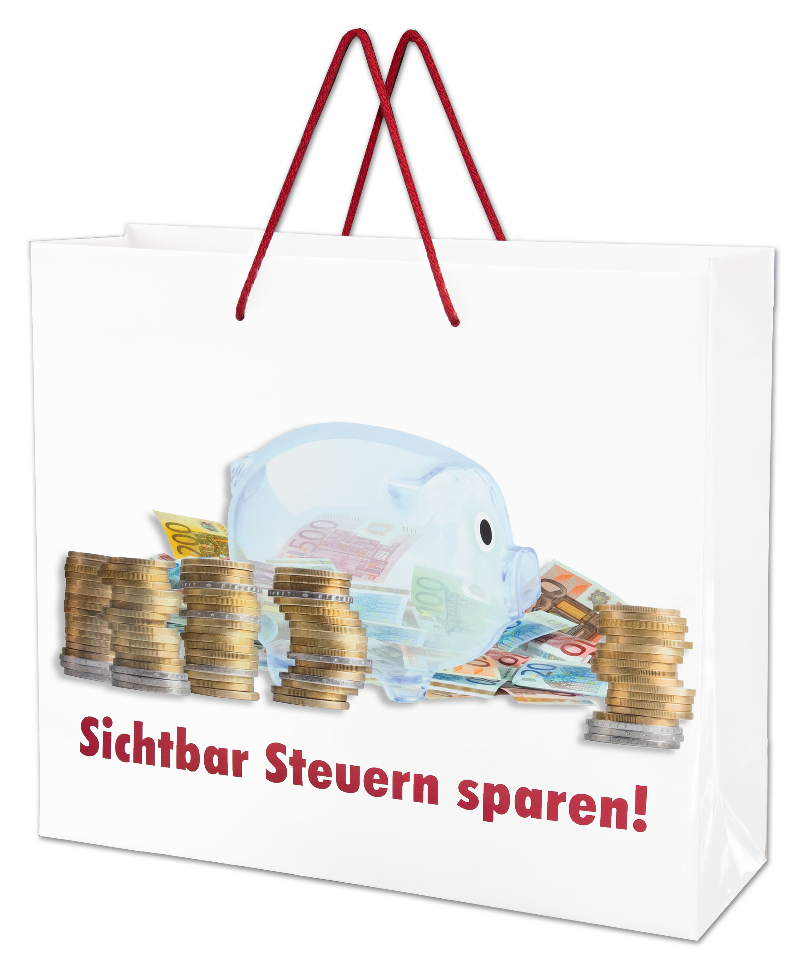 Produktabbildung der Vorderseite der Papier-Tragetasche mit Abbildung Sparschwein OM 77