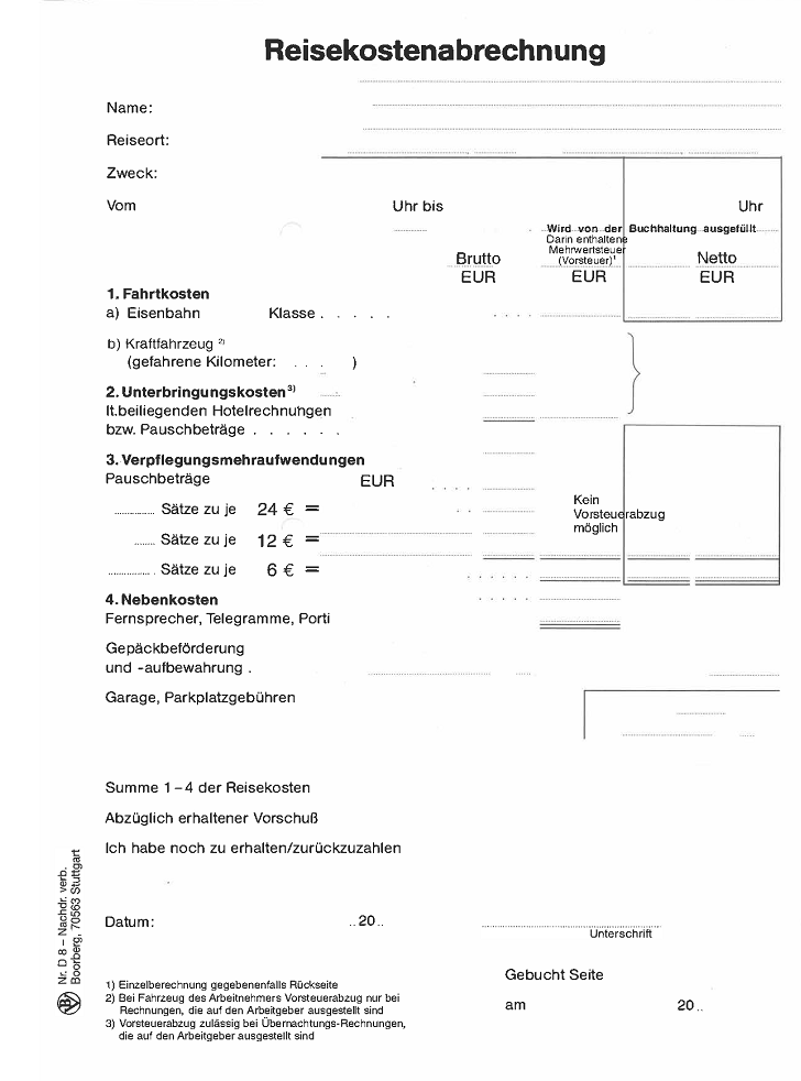 Produktabbildung des Formulars Reisekostenabrechnung D 8