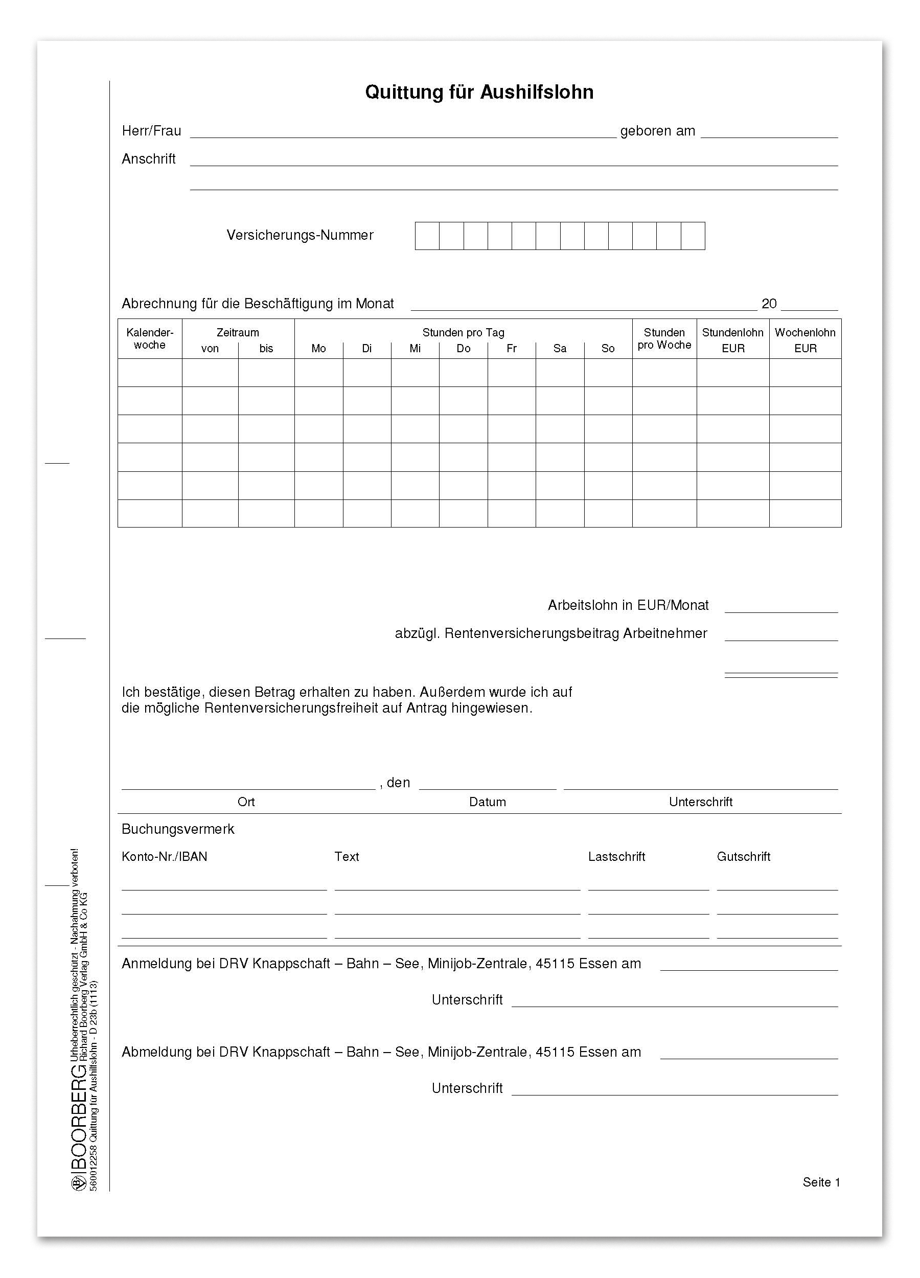 Produktabbildung des Vordrucks der Quittung für Aushilfslohn D 23 b
