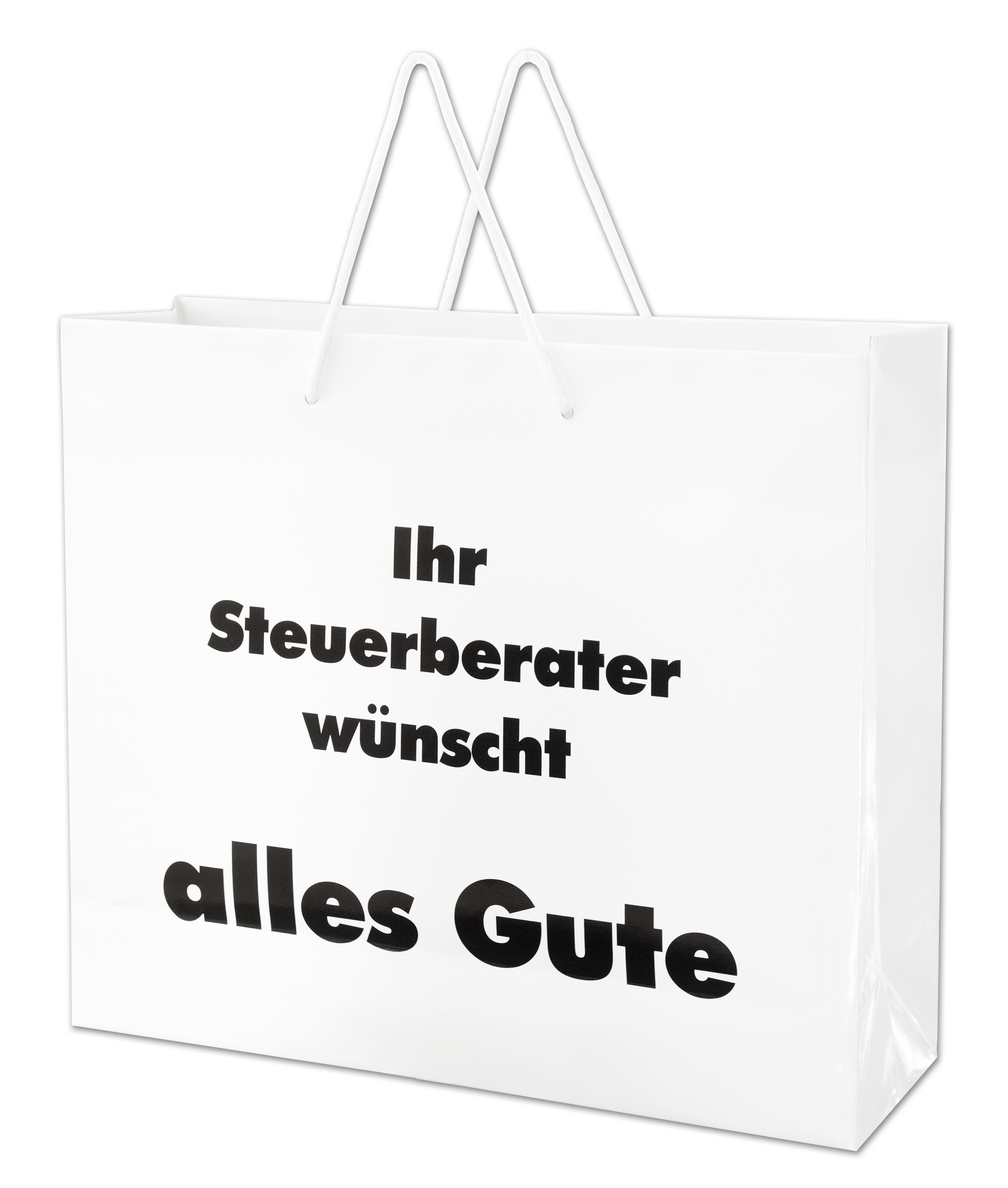 Produktabbildung der  Vorderseite der Papier-Tragetasche mit Aufdruck Ihr Steuerberater wünscht alles Gute OM 52