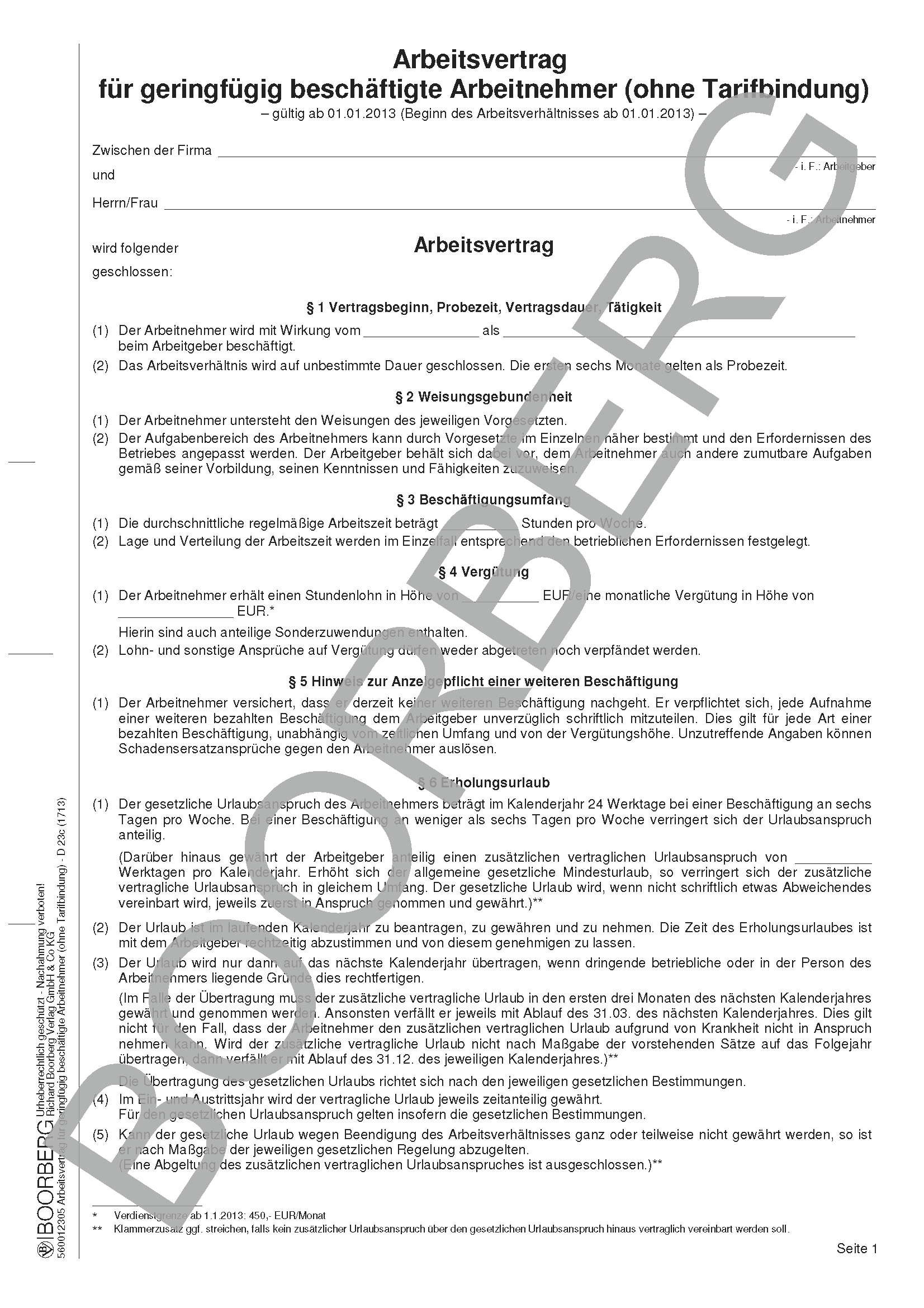 Produktabbildung des Vordrucks Arbeitsvertrag für geringfügig Beschäftigte D 23 c