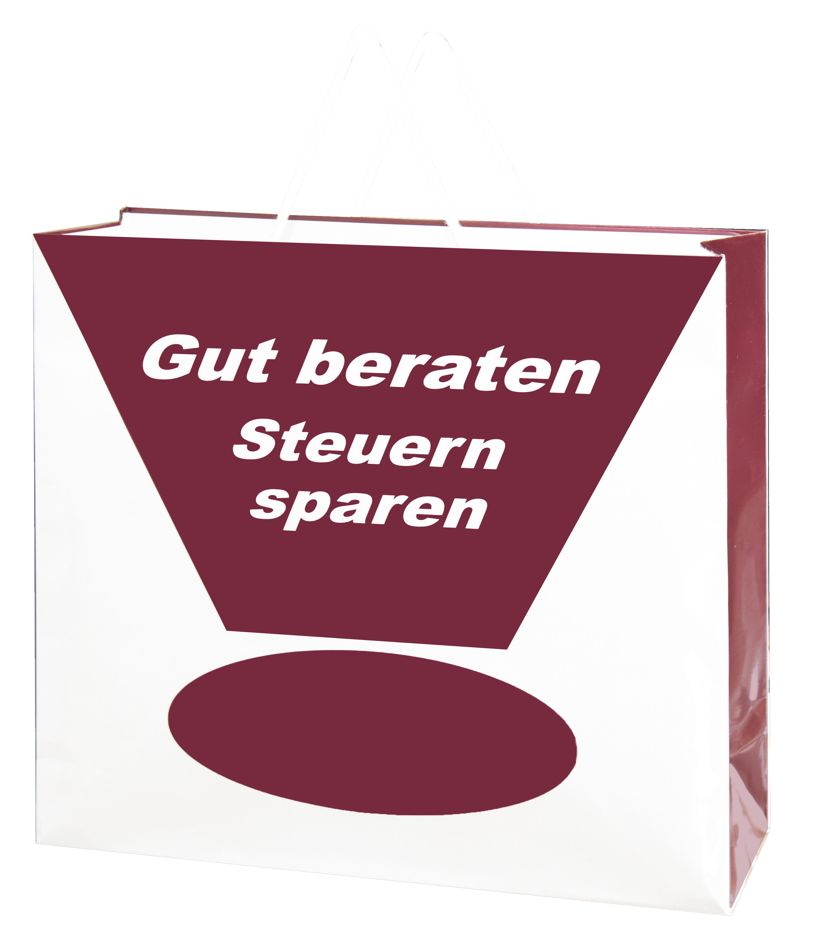 Produktabbildung Weiße  Papier-Tragetasche mit Aufdruck braunes Ausrufungszeichen und Beschriftung in weiß Gut beraten Steuern sparen OM 75