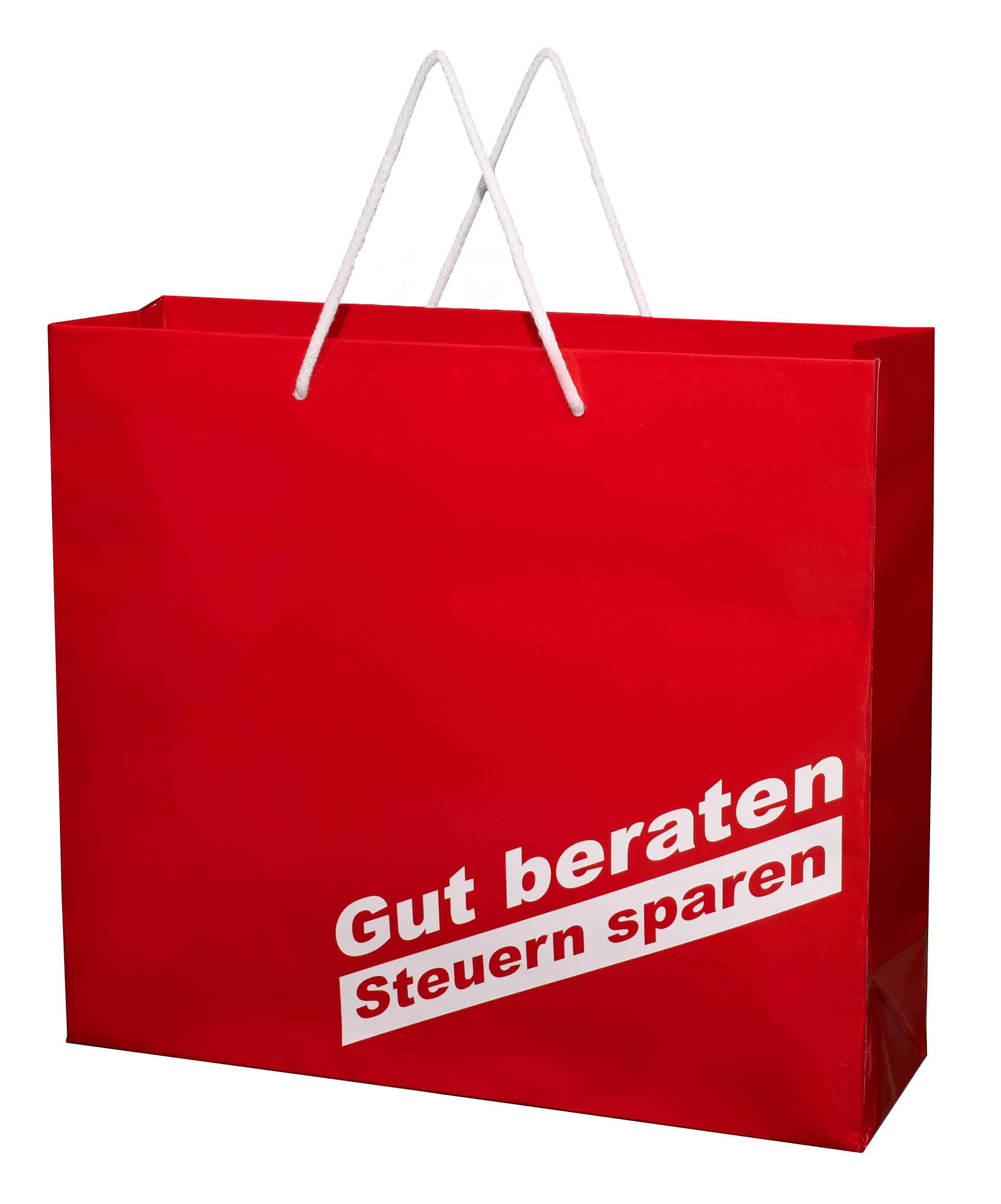Produktabbildung der roten Papier-Tragetasche mit Aufdruck Gut beraten Steuern sparen OM 69W