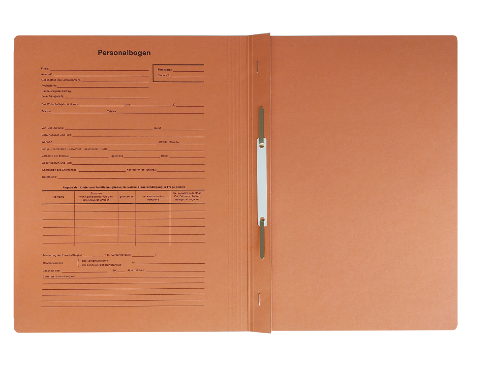 Produktabbildung Steuerakte Einhakhefter offen mit eingedrucktem Personalbogen orange D 12 a