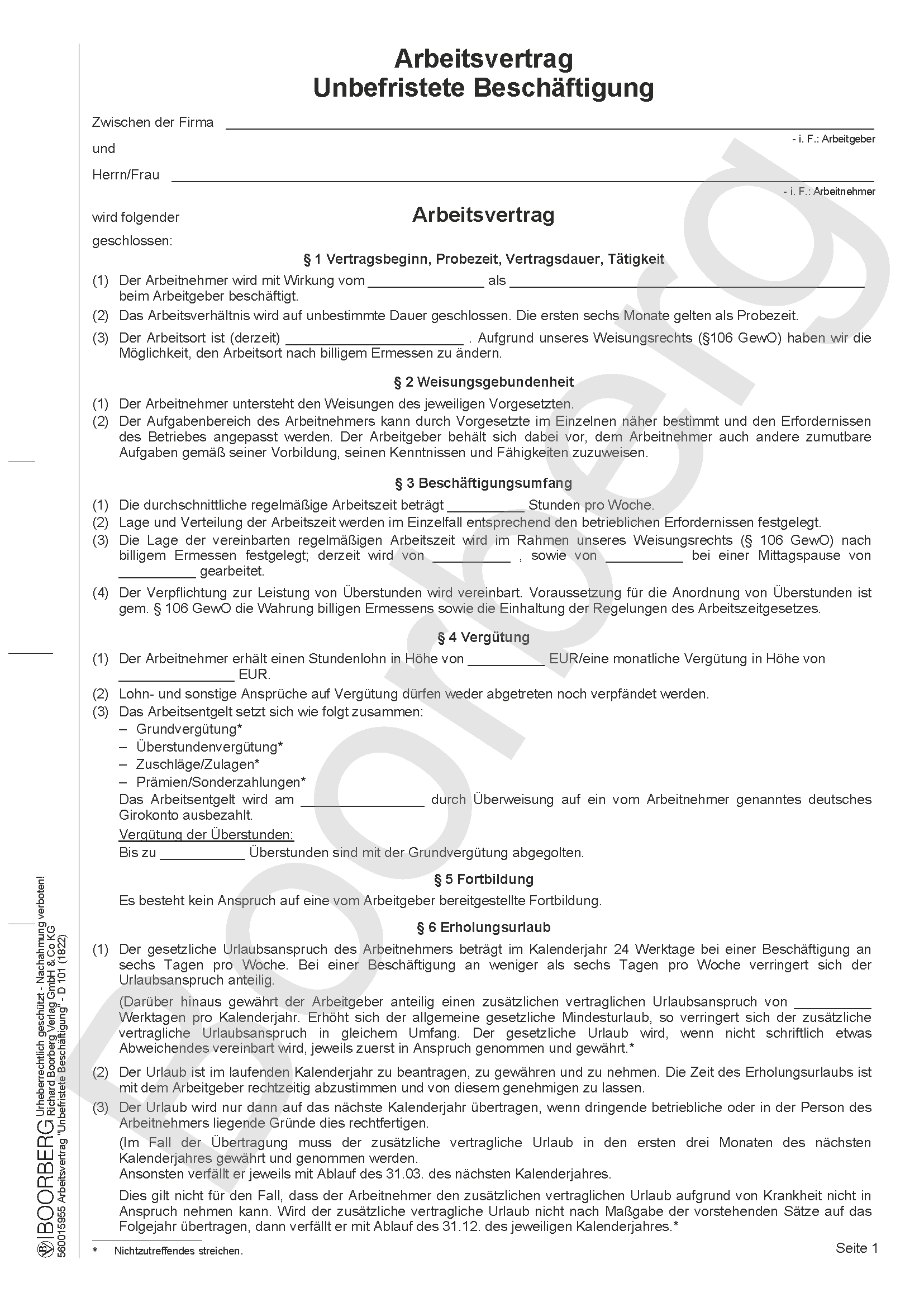 Produktabbildung des Vordrucks des unbefristeten Arbeitsvertrags D 101