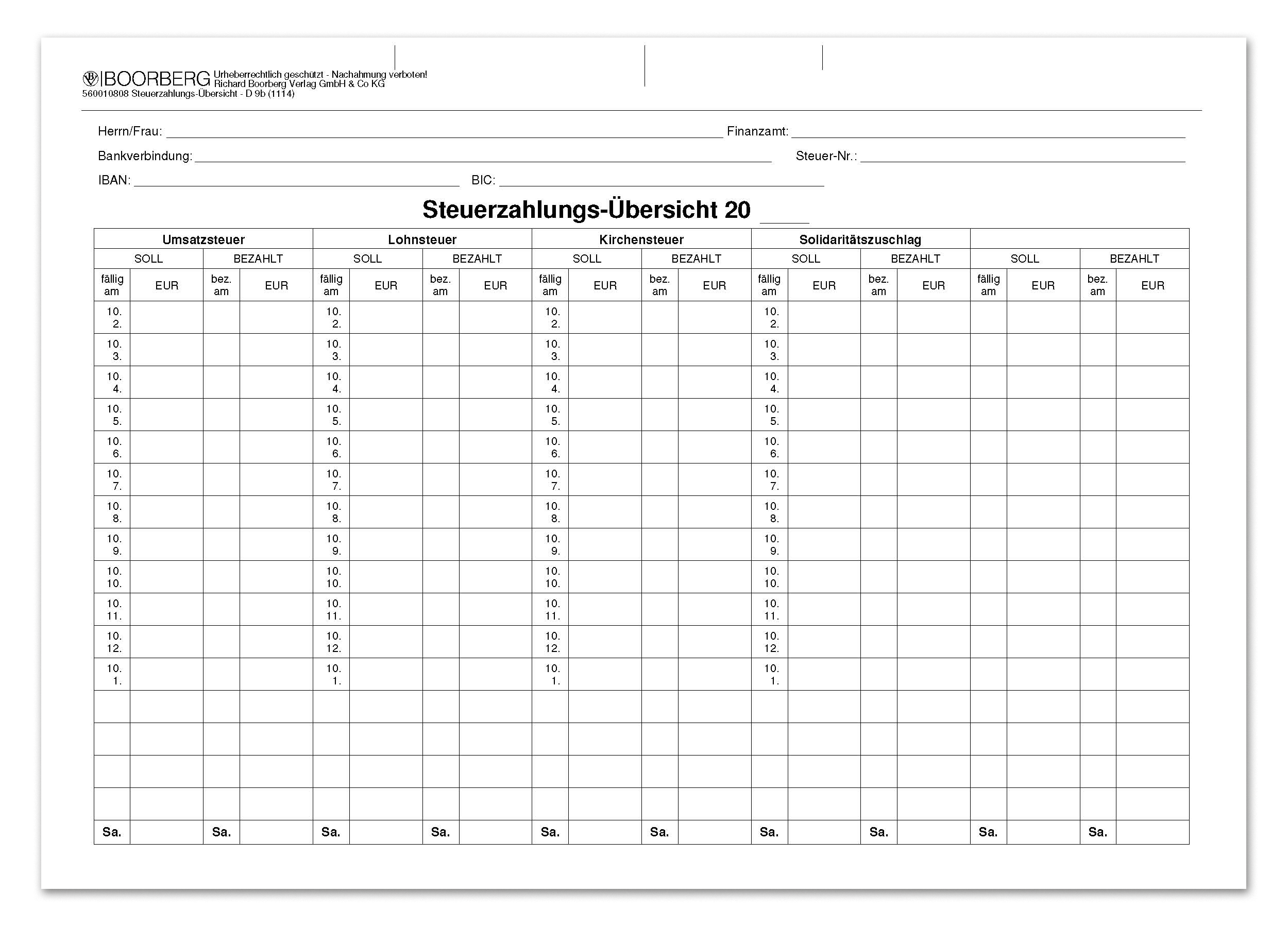 Produktabbildung des Vordrucks zur Steuerzahlungsübersicht D 9