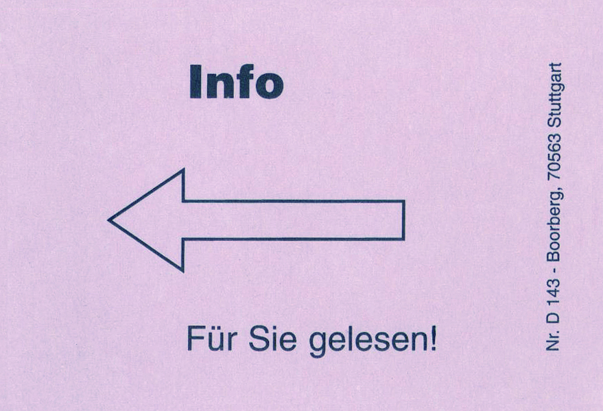 Produktabbildung violette Haftnotiz mit Text Info und Pfeil nach links