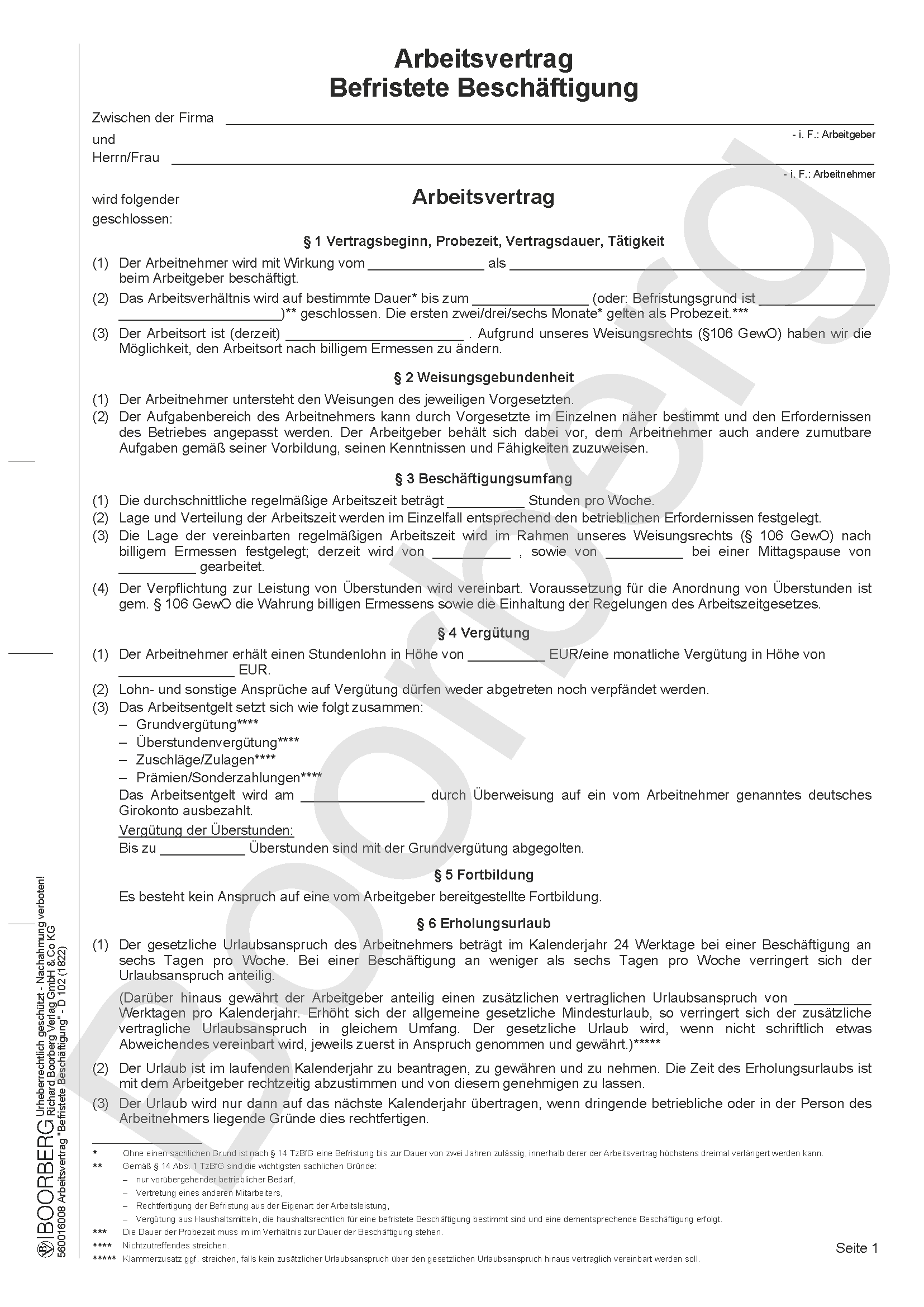 Produktabbildung des Vordrucks des befristeten Arbeitsvertrags D 102